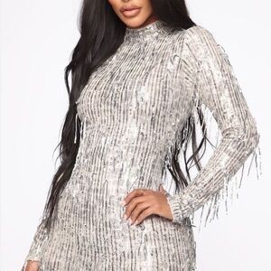 Fashion Nova Silver Long Sleeve Dress